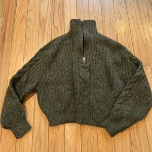 Lush Olive Cable Half-Zip Turtleneck Sweater